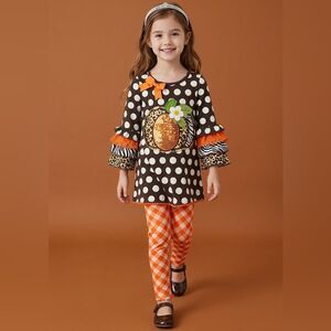 EUC Rare Editions Toddler Girls Pumpkin Matching Set Orange Leggings Size 2T